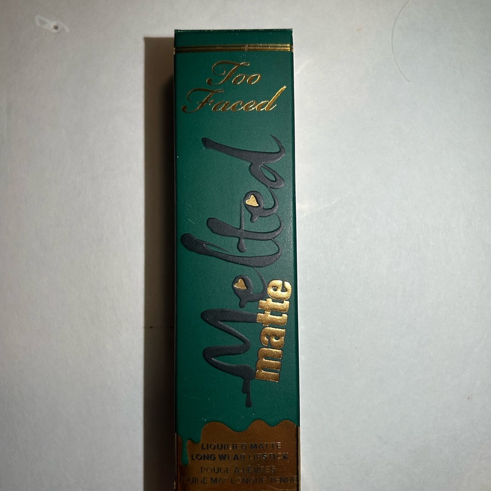 Too Faced Melted Matte Lipstick in Green and Gold Box